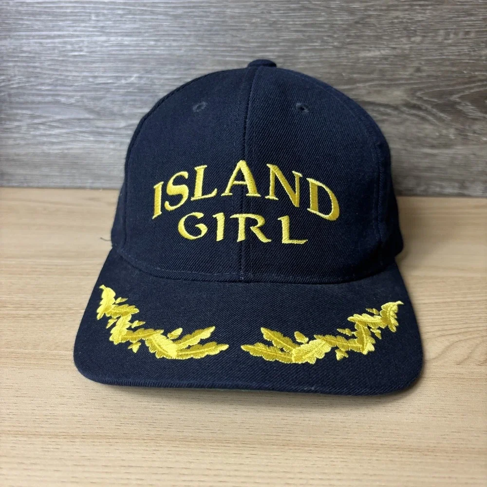 Vintage Island Girl Hat Cap Strap Back Navy Blue Embroidered Leaf Womens 90s